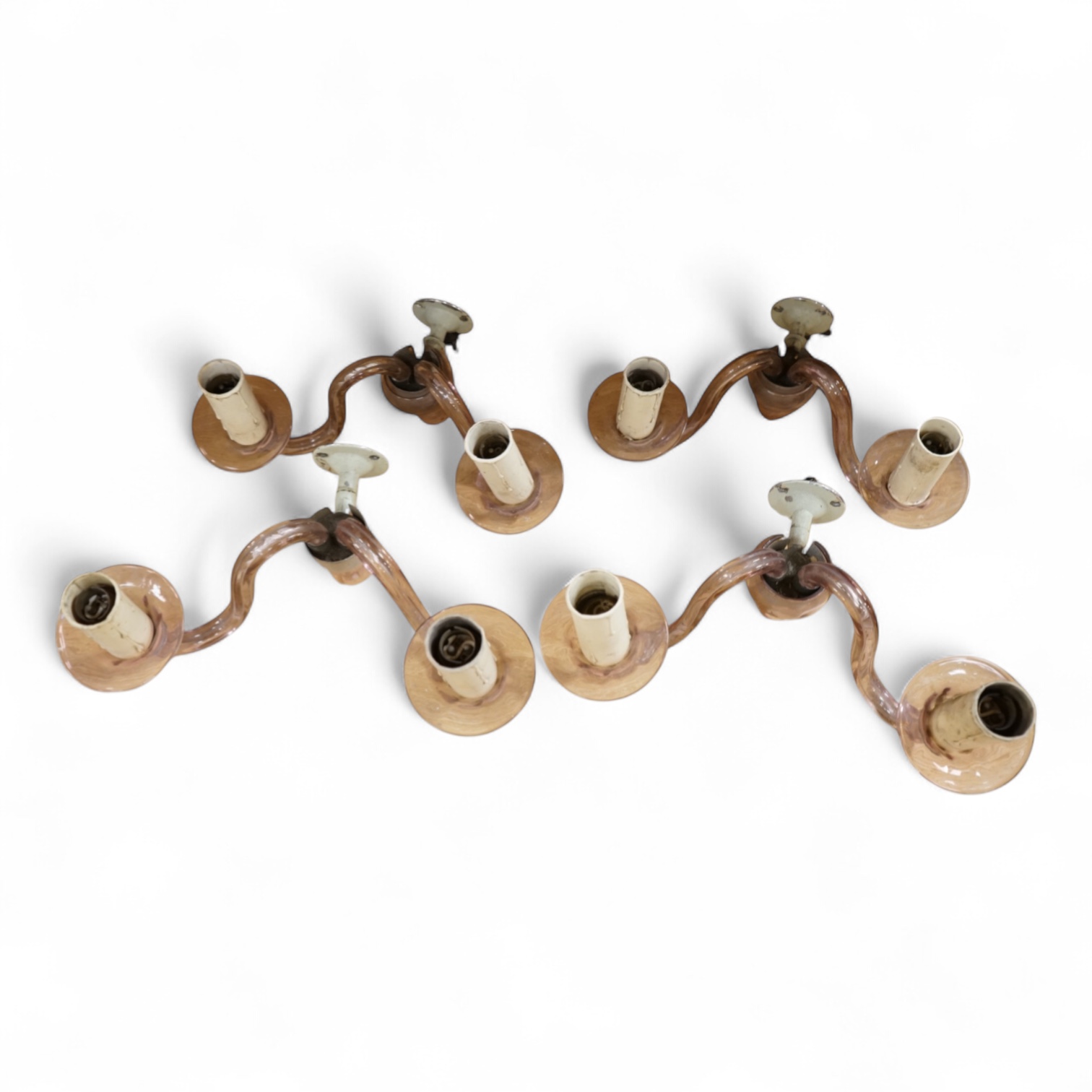 A set of four, two branch, pink glass wall lights, 25cm deep